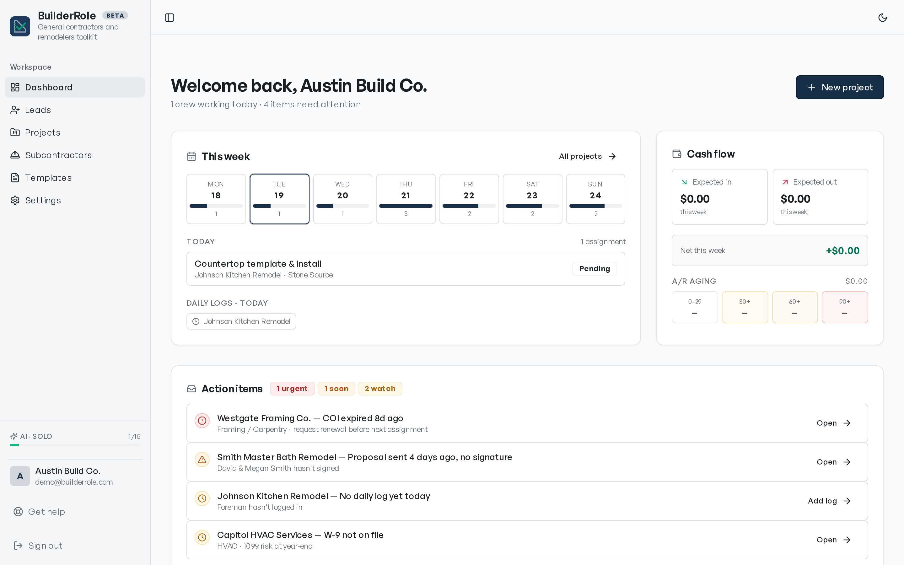 BuilderRole dashboard — this week's assignments, cash flow, action items, and active projects