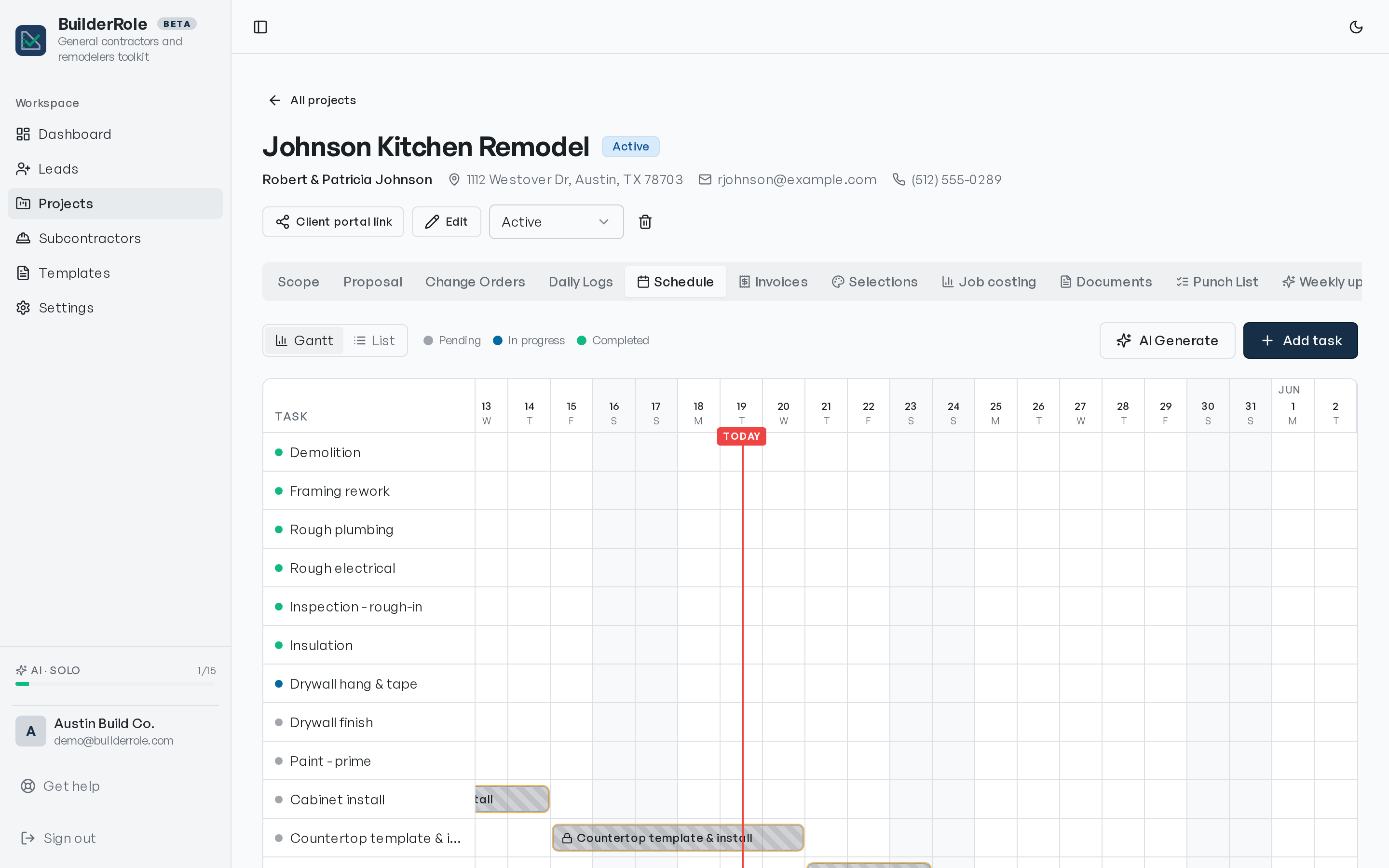 BuilderRole project schedule — Gantt timeline of tasks with a TODAY marker on a kitchen remodel
