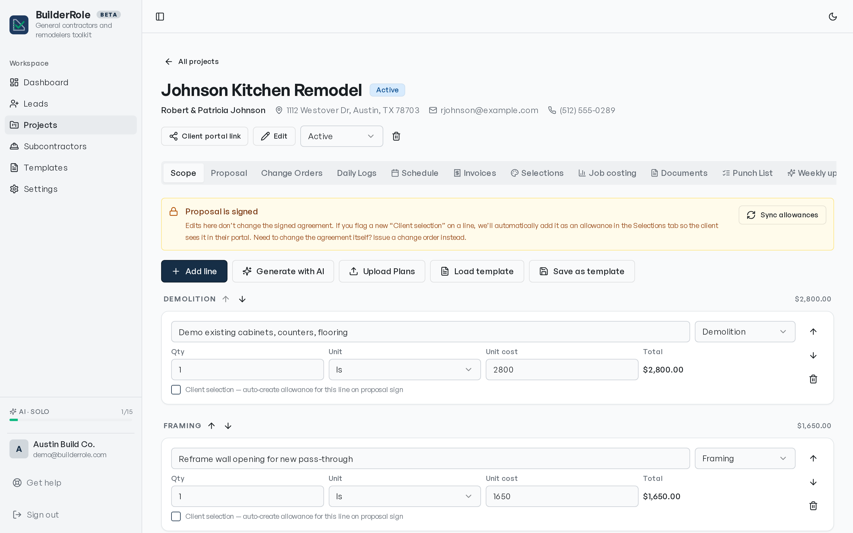 BuilderRole project view — scope of work with itemized line costs, schedule, selections, and punch list tabs.